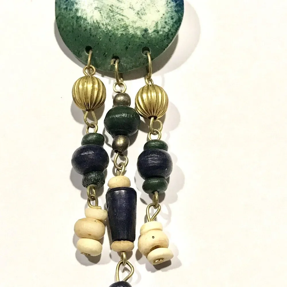 Vintage Boho Wood Beaded Resin Brooch Pin Gold Tone Blue Green Beige Artist Made